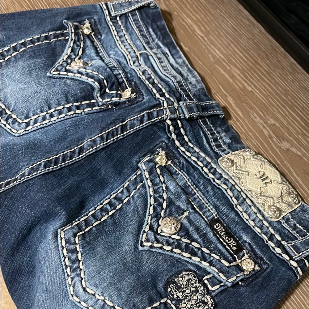 Miss Me Blue Jeans with Ornate Stitching and Embellishments